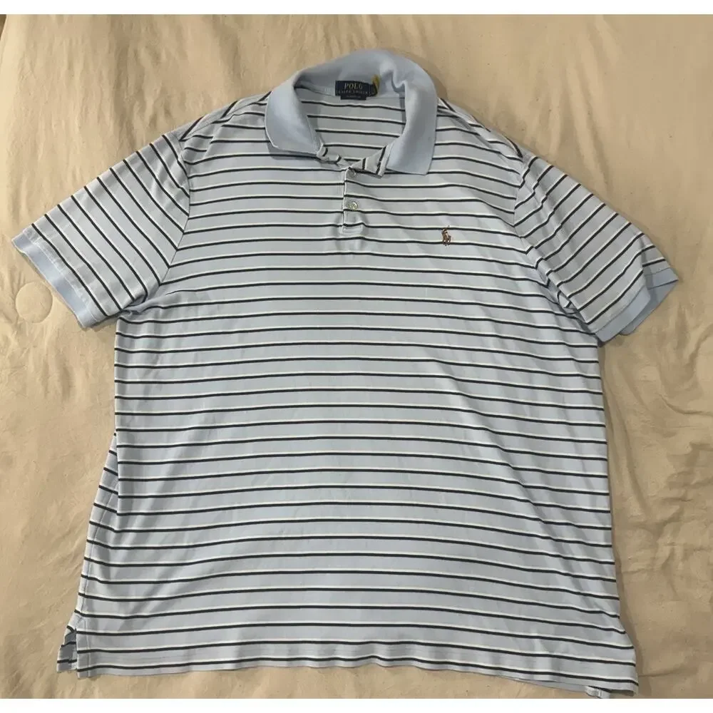 Lot of 2 Polo Ralph Lauren Men Classic Fit Soft Polo Shirt 2XL Blue Striped Pony